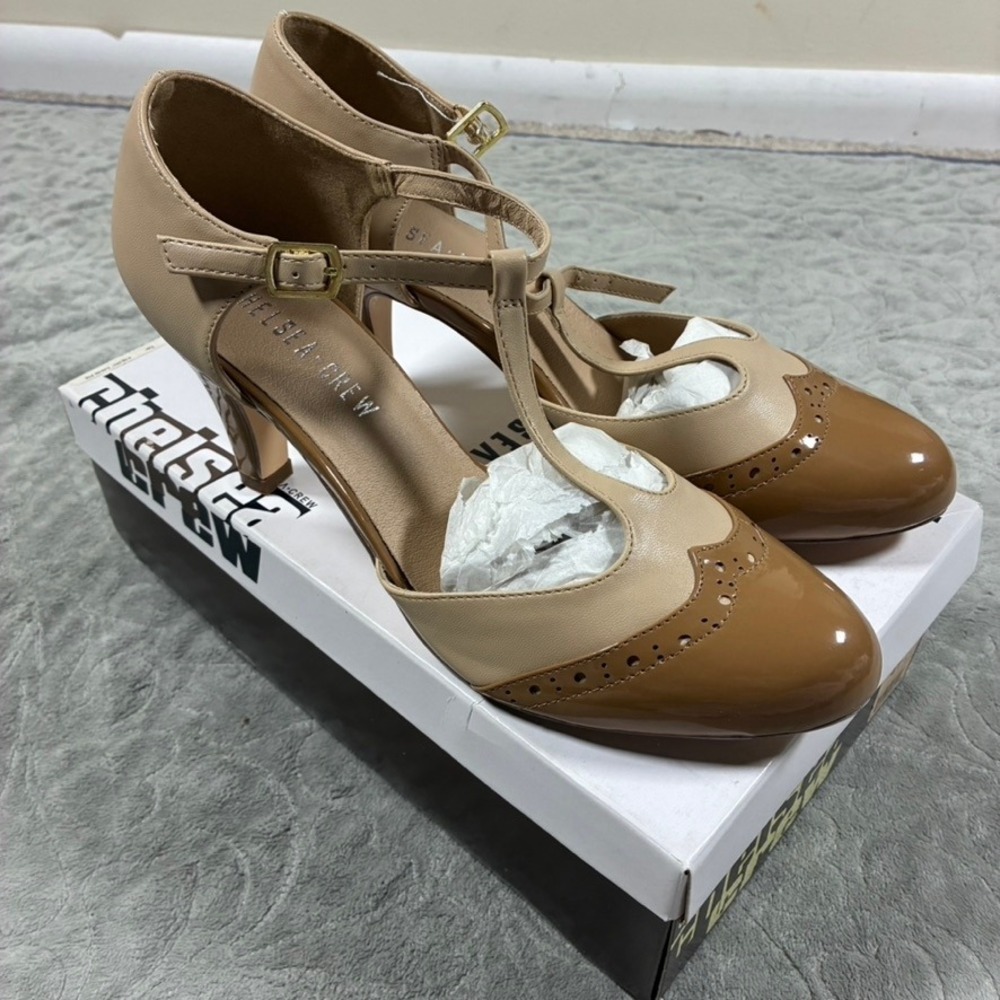 Chelsea Crew Gatsby T-Strap Wingtip Heels Size 41 US 10 Tan Pinup Rockabilly